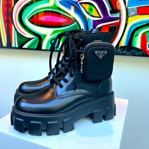 Prada Calzature Donna ankle boots with removable Prada pouches on each boot.